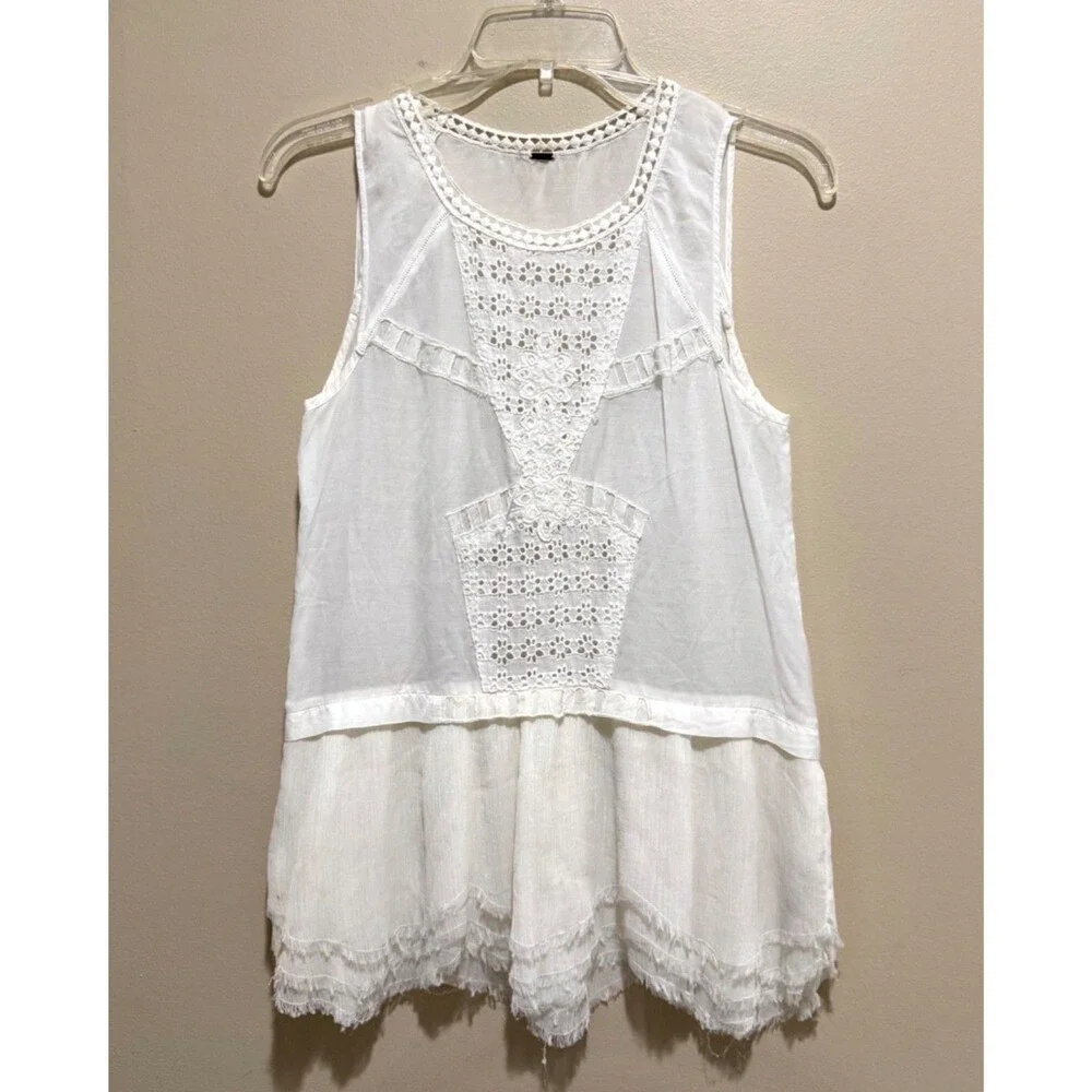 Free People Linen Crochet Lace Eyelet Peplum Cami White Boho Sheer Tank Blouse S